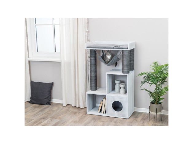 Poste de rascado con función de estantería gris