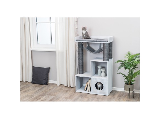 Poste de rascado con función de estantería gris