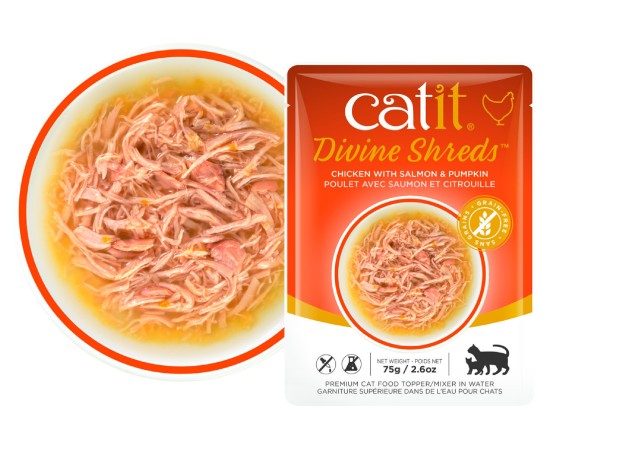 Catit DivineShreds Sopa Pollo/SalmónCalabaza, 75g - Pack de 18 unidades