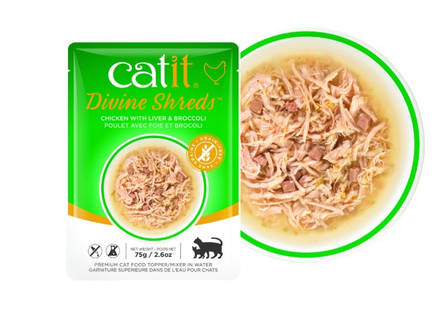 Sopa para Gatos de Pollo Catit Divine Shreds Pollo/HígadoBrócoli, 75g - Pack de 18 unidades