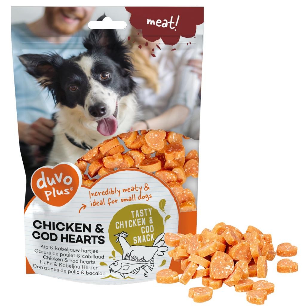 Snack para perros corazones de pollo y bacalao Duvo Meat