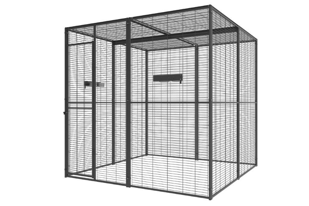 Voladero para loros de 4 m2 con techo de malla y comederos giratorios