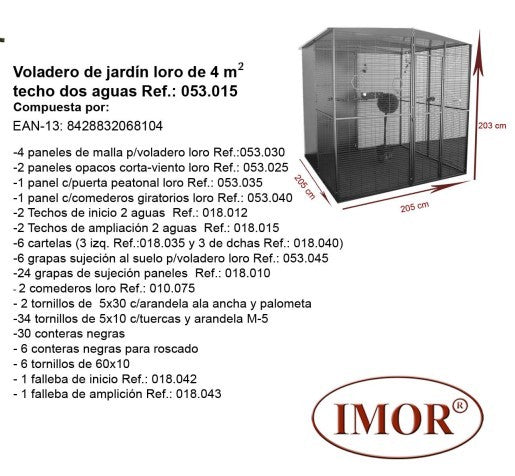 Voladero para Loro 2x2m techo a dos aguas