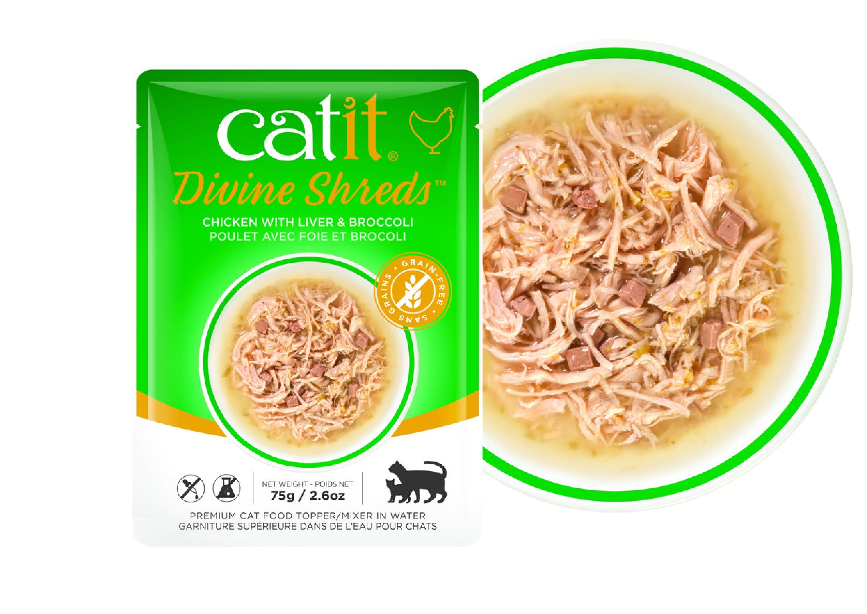 Sopa para Gatos de Pollo Catit Divine Shreds Pollo/HígadoBrócoli, 75g - Pack de 18 unidades