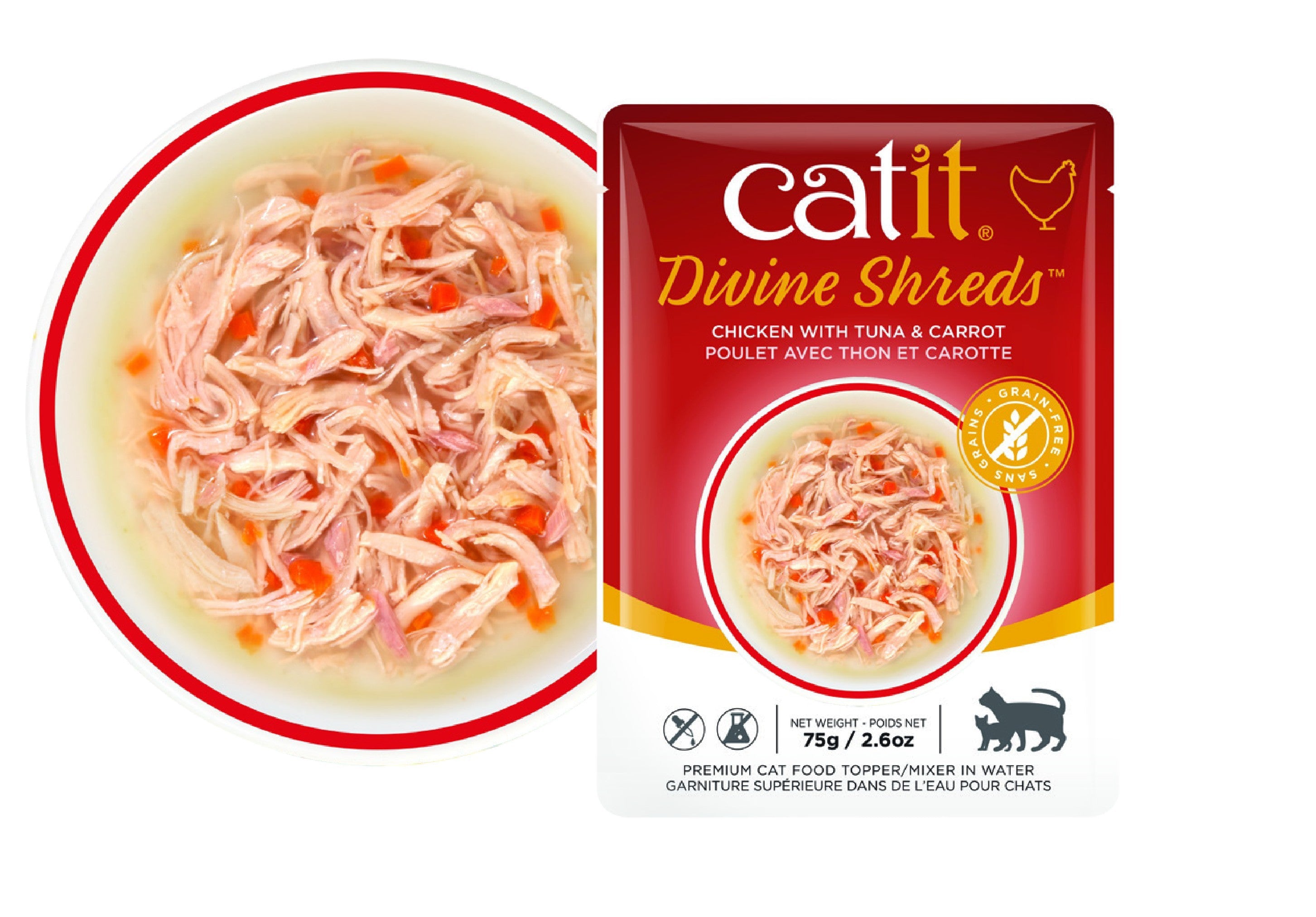 Sopa para Gatos de Pollo Catit Divine Shreds Pollo/AtúnZanahoria,75g - Pack de 18 unidades