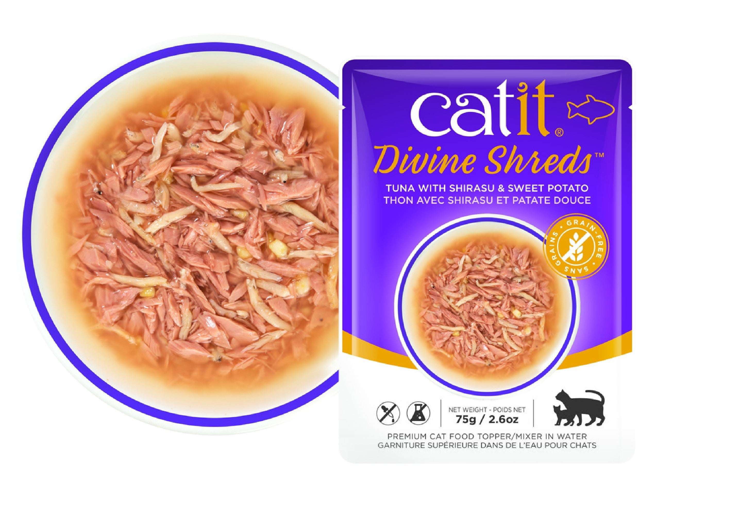 Catit DivineShreds Sopa Atún/ShirasuBoniato, 75g  - Pack de 18 unidades