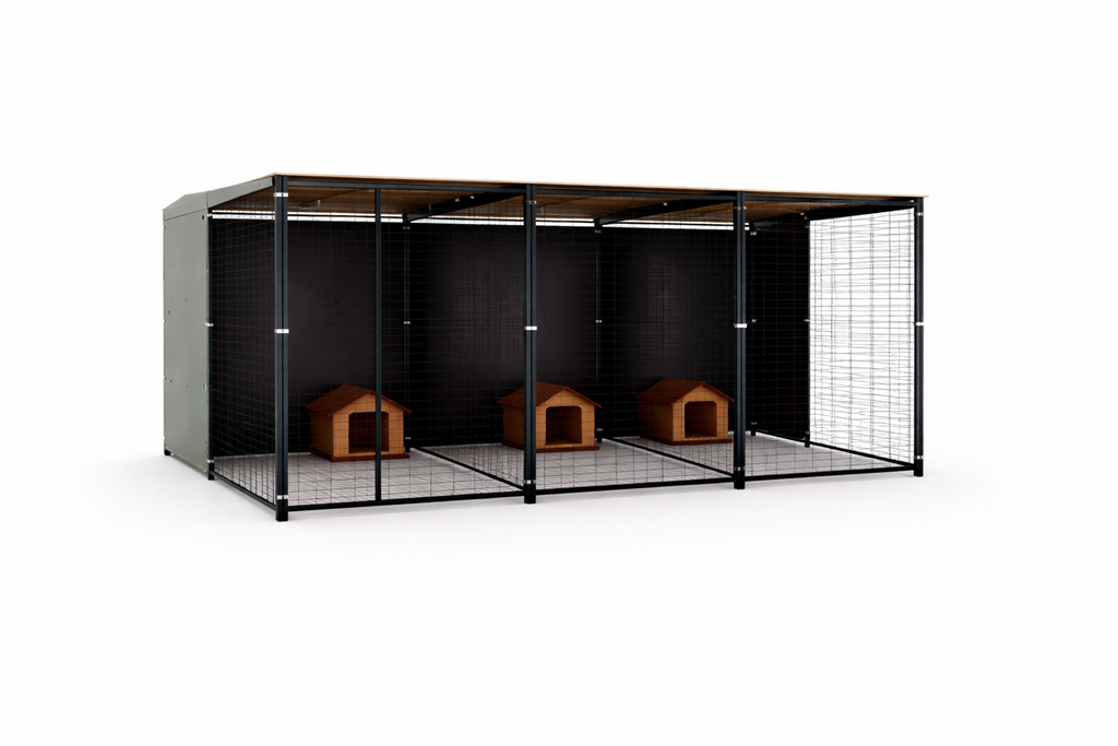 Batería de perreras modulares techadas de 4x2 metros con 3 boxes para perros