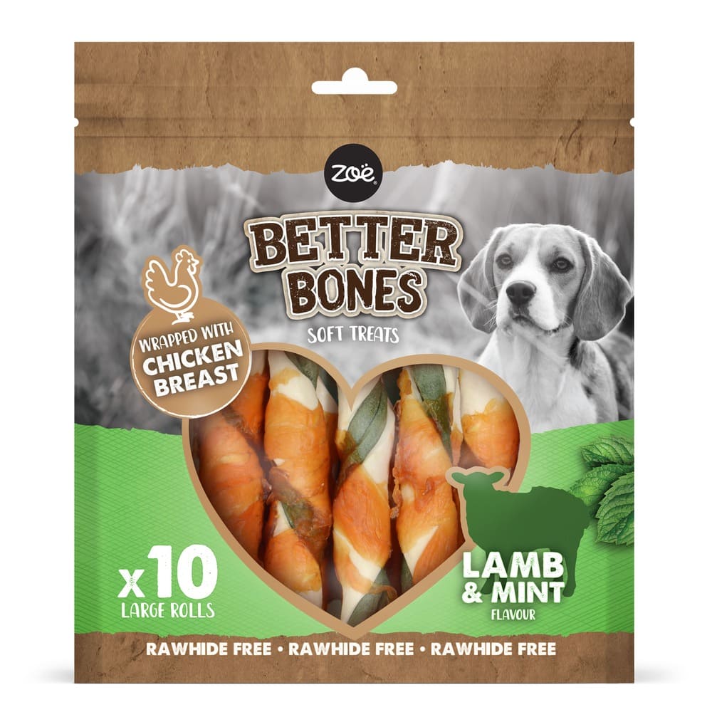 Rolls grandes envueltos en pollo para perros Zoë Better Bones Pack de 10 12